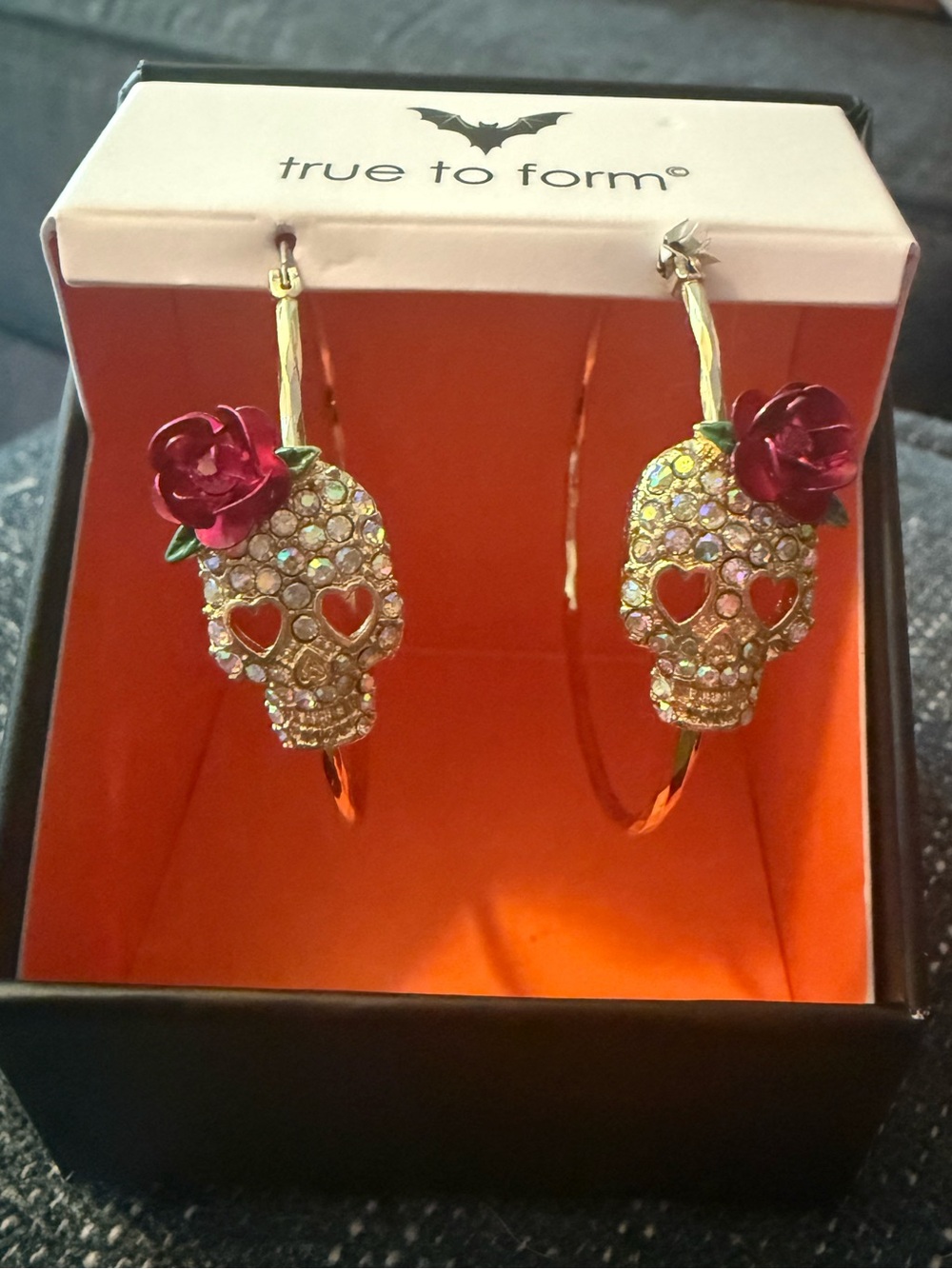 Gold Crystal Skull Hoop Earrings with Pink Rose Halloween
